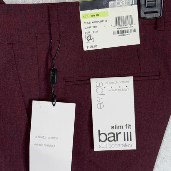 Bar III Men S Slim-Fit Wool Blend Stretch Dress Pants Berry Red 30x30 - Picture 4 of 9